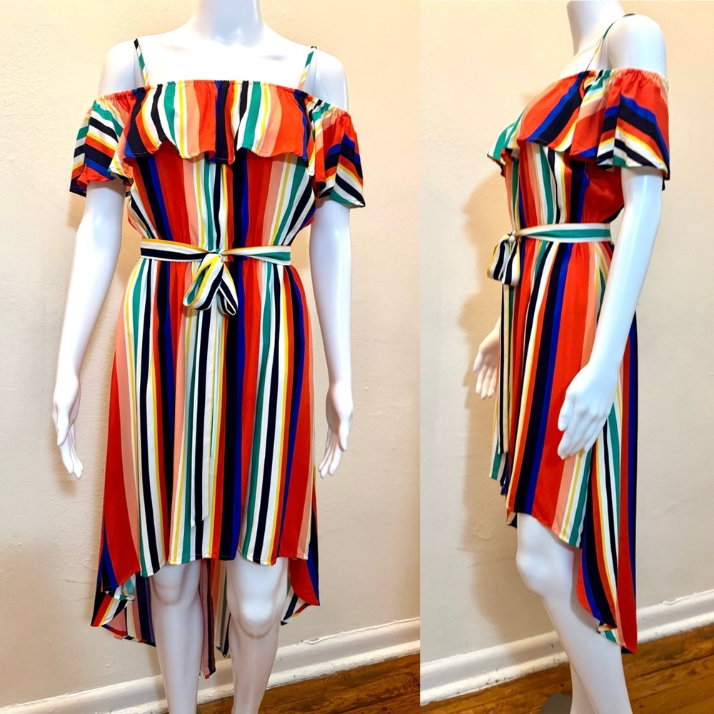 Off-Shoulder Colorful Striped High-Low Dress – Size S, by After Market